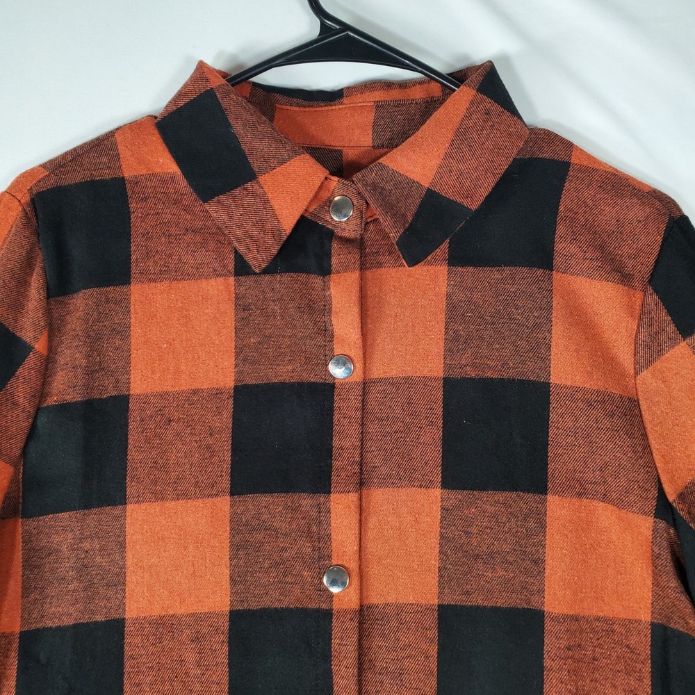 Orange Black Buffalo Plaid Longline Button Down Tunic Shirt Large